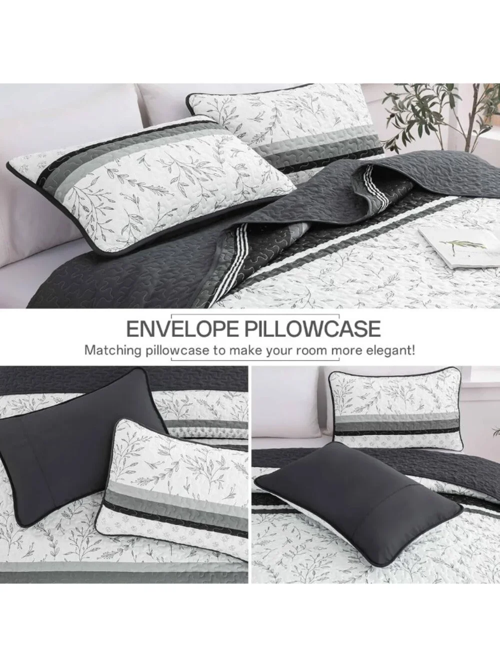Boho Black Striped Queen Quilt Set, Lightweight Patchwork Bedspread & 2